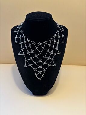 Silver Statement Bib Net Choker/Necklace  12.5”+3”